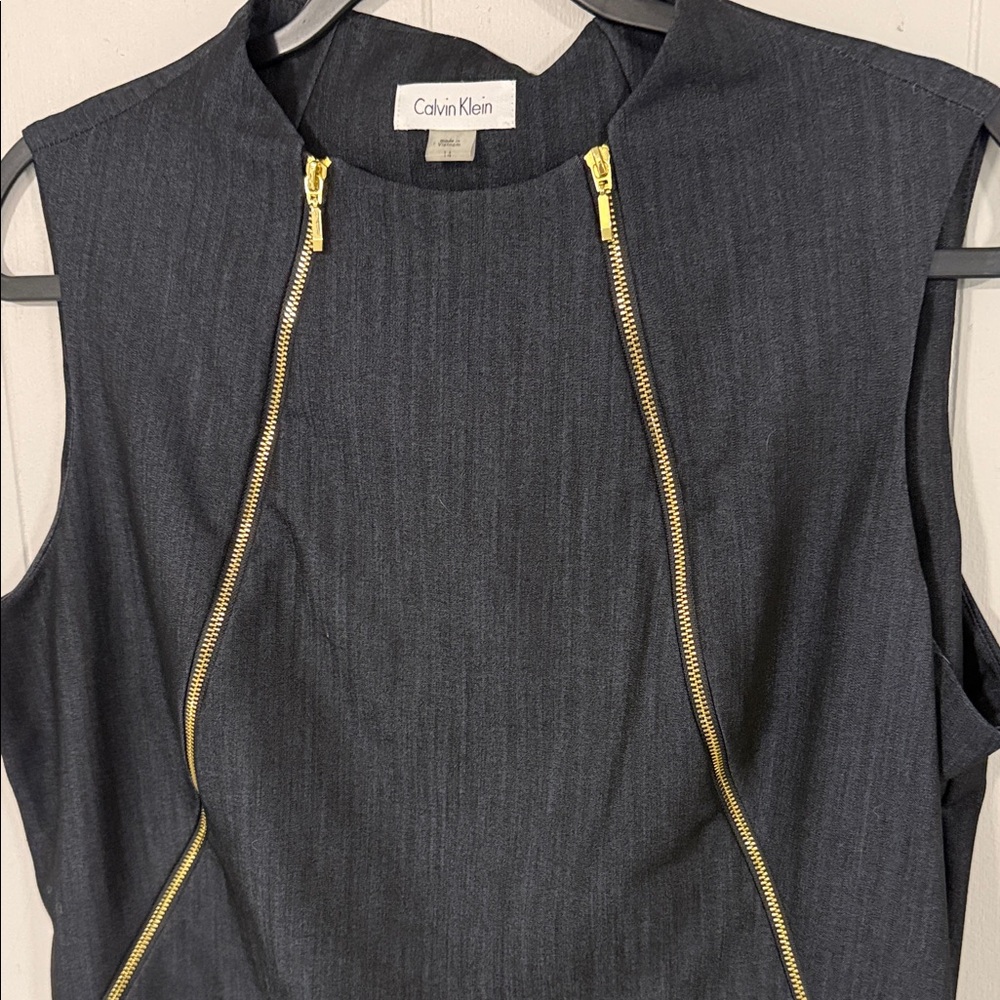 Calvin Klein Black Sleeveless Sheath Dress with Gold Zipper Accents Size 14 - Picture 2 of 4